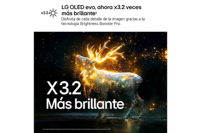 LG OLED evo AI C6 with Brightness Booster Pro shows a dark scene where glowing particles surrounding a deer silhouette, delivering up to 3.2x brighter peak brightness with higher luminance and clearer detail.